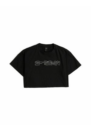 Czarny krótki t-shirt z krótkim rękawem, zaokrąglonym dekoltem i białym obramowanym napisem ""S-STAR"" na klatce piersiowej.