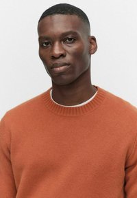 Rundhalsad, stickad tröja i rostorange med ribbad halsringning och struktur. Modellen har kort, nära klippt hår och neutral bakgrund.