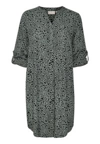 Vestido verde con patrón de leopardo en negro, con escote en V, cierre de botones y mangas tres cuartos con tiras enrollables.