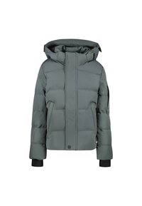 Chaqueta acolchada en verde oscuro, con capucha, cierre frontal con cremallera, bolsillos laterales, puños elásticos y una tela lisa, resistente al agua.