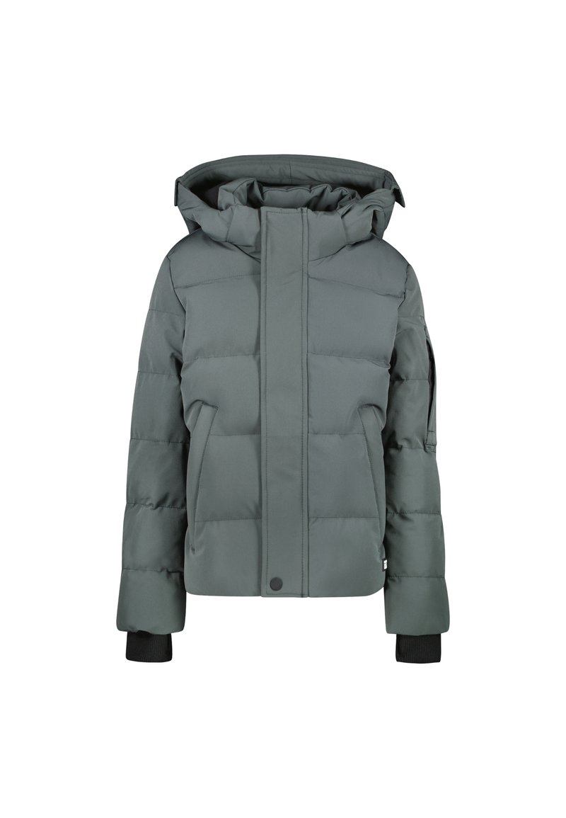 Chaqueta acolchada en verde oscuro, con capucha, cierre frontal con cremallera, bolsillos laterales, puños elásticos y una tela lisa, resistente al agua.