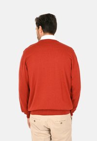 Maglione rosso a maglia con scollo rotondo e polsini a coste. Il retro è semplice, senza design o dettagli, abbinato a pantaloni di colore chiaro.