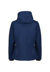 Giacca impermeabile blu navy con cappuccio, caratterizzata da un design aderente, polsini elasticizzati e cuciture bianche a contrasto lungo le cuciture.