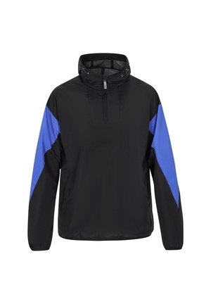 Črn vetrovka s pol-zadrgo. Ima modre diagonale na rokavih. Narejena je iz lahkega, vodoodpornega materiala.