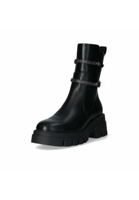 Stivale alla caviglia nero in pelle con suola spessa, caratterizzato da due cinturini decorativi e una finitura liscia e opaca.