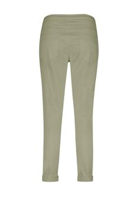 Khaki bukser med slank pasform, opsmøgede kanter og to baglommer. Stoffet ser glat ud med en subtil glans og en struktureret talje.
