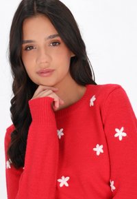 Maglione rosso a maglia con maniche lunghe, caratterizzato da ricami di fiori bianchi. Texture morbida con scollatura e polsini a coste.