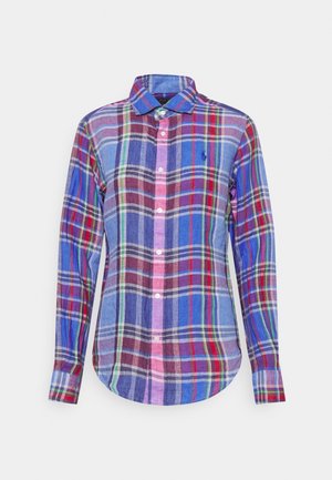 Koszula na długi rękaw zapinana na guziki w wielokolorowy wzór w kratę, z kołnierzykiem i haftowanym logo na piersi.