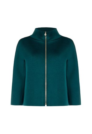 Türkise Zip-Jacke mit hohem Kragen, glatter Textur und minimalistischem Design. Sie verfügt über einen zentralen Metallreißverschluss und weite Ärmel.