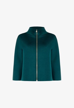 Veste zippée turquoise avec col montant, texture lisse et design minimaliste. Comprend une fermeture éclair métallique centrale et des manches larges.