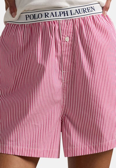 Lososově růžové a bílé pruhované bavlněné boxerky s knoflíkovým zapínáním a námořnicky modrým pasem s logem "POLO RALPH LAUREN".