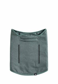 Green fabric neck gaiter with a soft texture, featuring two black side pockets and a logo at the bottom. Smooth edges and a seamless design.