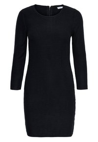 Robe noire à manches longues présentant un tissu texturé, une silhouette ajustée et un col rond avec un détail de fermeture éclaire à l'arrière.