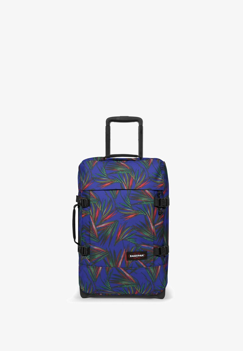 Sac de voyage à roulettes en tissu bleu avec un motif de feuilles colorées, des accents noirs, des poignées robustes et des sangles ajustables.