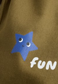 Tissu vert olive avec un graphique d'étoile bleue. L'étoile a des yeux et une bouche souriante. Le texte blanc épelle "fun" à côté de l'étoile.