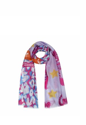 Light fabric scarf with colorful abstract patterns, including yellow stars, pink shapes, and blue-white designs on a purple base.