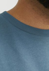 Blue cotton t-shirt featuring a ribbed crew neckline, smooth texture, and a close-up view of fabric and skin, showing color and surface detail.