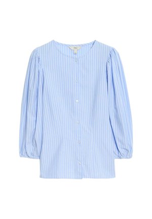 Lichtblauw gestreept blouse met een ronde halslijn, lange puffmouwen, knoopsluiting aan de voorkant en zachte katoen stof.