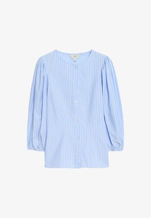 Blusa de rayas azul claro con cuello redondo, manguitas largas abullonadas, cierre de botones en la parte delantera y tejido de algodón suave.