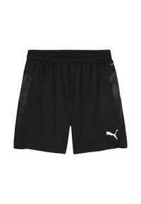 Schwarze Sportshorts mit elastischem Bund, ausgestattet mit Seitentaschen und einem strukturierten Paneelmuster in Dunkelgrau. Weißes Logo-Element.