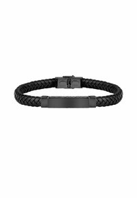 Bracciale in pelle intrecciata nera con placca metallica rettangolare liscia con finitura opaca e chiusura a scatto sicura.