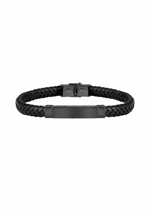 Bracciale in pelle intrecciata nera con placca metallica rettangolare liscia con finitura opaca e chiusura a scatto sicura.