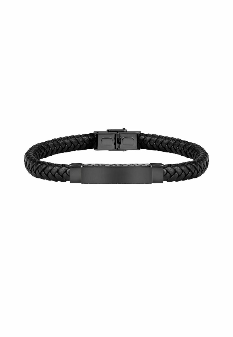 Bracciale in pelle intrecciata nera con placca metallica rettangolare liscia con finitura opaca e chiusura a scatto sicura.