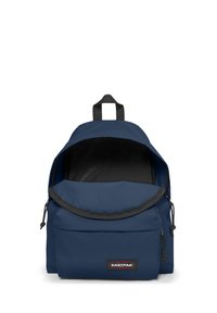 Navy blue Eastpak backpack with open main compartment, front zippered pocket, black handle, and visible logo patch on the front pocket.