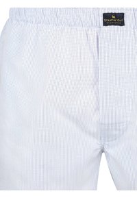 Lichtblauwe geruite boxers met een elastische tailleband en een label aan de linkerbovenkant. De stof heeft een gladde, ademende textuur.