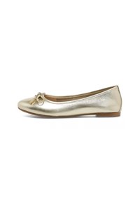 Gold metallic ballet flats with a rounded toe, featuring a small bow accent and a flat sole. Smooth texture and shiny finish.