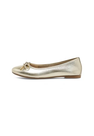 Gold metallic ballet flats with a rounded toe, featuring a small bow accent and a flat sole. Smooth texture and shiny finish.