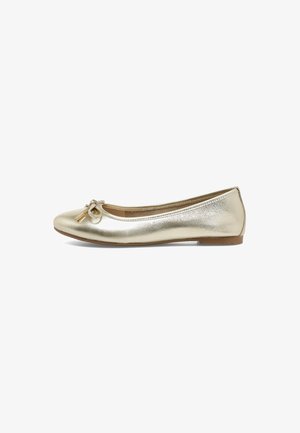 Kuldsed metallilised balletikingad ümmarguse varbaga, millel on väike paelte accent ja lame tall. Sile tekstuur ja särav viimistlus.