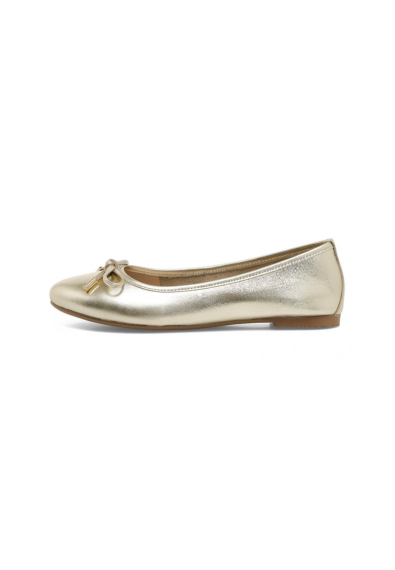 Gold metallic ballet flats with a rounded toe, featuring a small bow accent and a flat sole. Smooth texture and shiny finish.