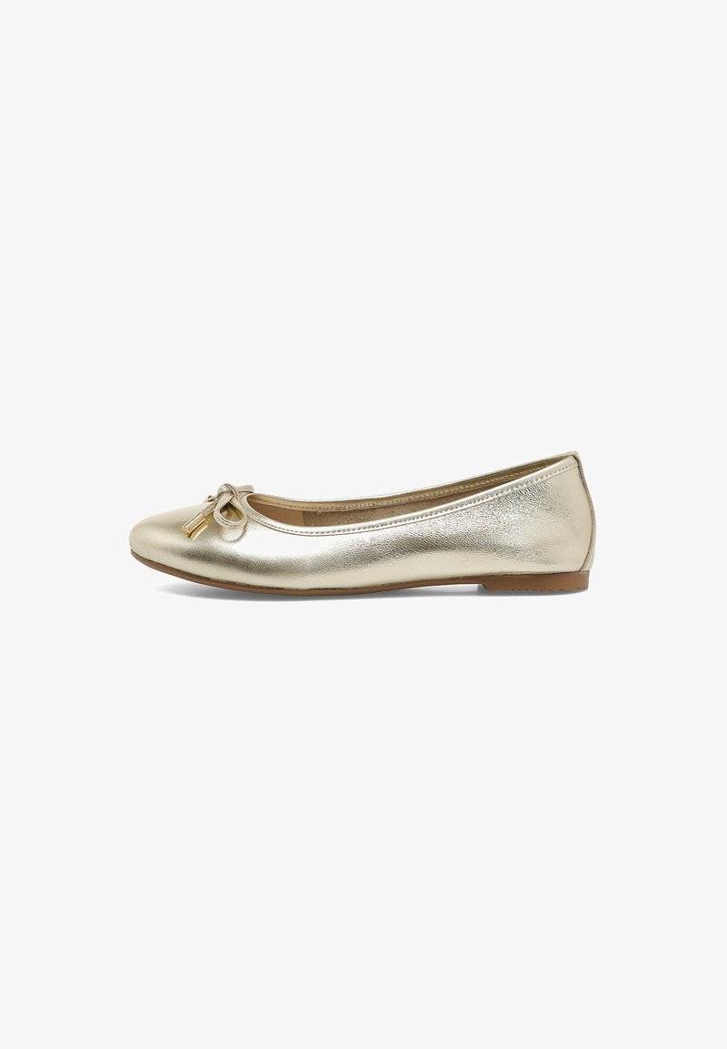 Gold metallic ballet flats with a rounded toe, featuring a small bow accent and a flat sole. Smooth texture and shiny finish.