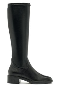 Botas de cuero negras hasta la rodilla con un acabado texturizado, puntera redonda y un tacón bajo tipo bloque. Presentan costuras mínimas a lo largo del borde superior.