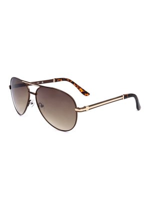 Occhiali da sole aviator con montatura in metallo, lenti sfumate marroni e terminali delle aste con motivo tartarugato su sfondo bianco.