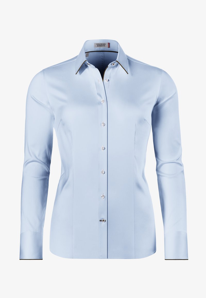 Camicia a maniche lunghe azzurro chiaro in tessuto morbido, con colletto classico, chiusura a bottoni, rifiniture in contrasto sui polsini e delicate cuciture decorative.