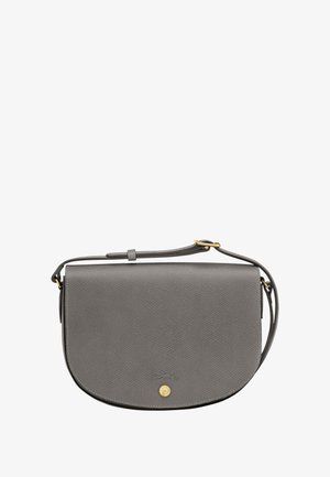 Gray leather crossbody bag with a rounded flap design, gold metal hardware, and adjustable strap. Textured surface and a logo accent.
