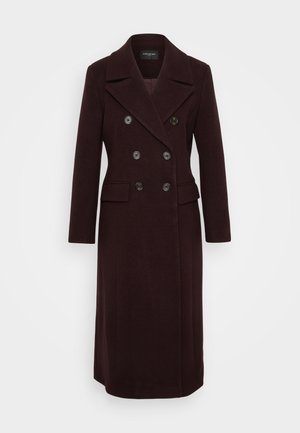 Manteau double boutonnage bordeaux avec un col à revers, des accents de boutons, des poches latérales et un design mi-long en tissu texturé.