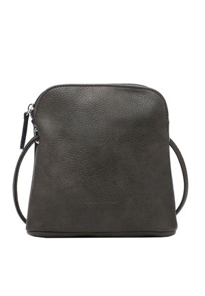 Small crossbody bag made of dark gray textured leather; features a top zipper, slim shoulder strap, and branding on the front.