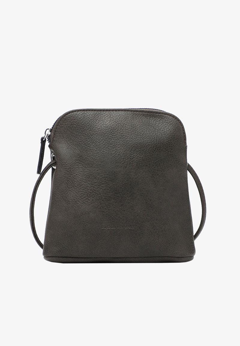 Malá crossbody taška vyrobená z tmavě šedé texturované kůže; má horní zip, úzký popruh přes rameno a branding vpředu.