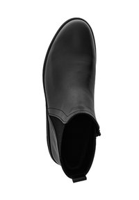 Stivale alla caviglia in pelle nera con un design elegante, punta rotonda, pannelli laterali elasticizzati e una linguetta per una facile calzata. Fodera interna morbida.