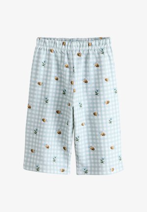 Shorts à carreaux bleu clair et blanc avec une taille élastique, décorés de petits motifs d'abeilles et de fleurs bleues.