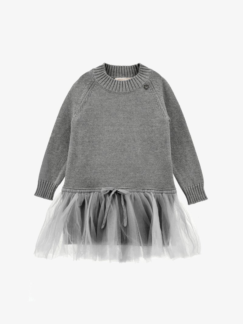 Robe longue à manches longues en maille grise avec poignets et col côtelés, dotée d'une jupe en tulle transparent et d'un nœud noué à la taille.