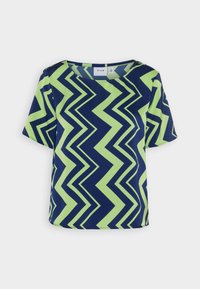 Blusa a maniche corte con motivo zigzag blu navy e verde lime e scollatura rotonda.