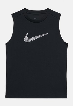 Čierne športové tielko bez rukávov s bielym pruhovaným logom Nike Swoosh uprostred na hrudi.