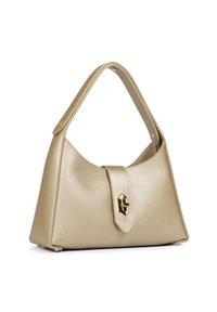 Borsa in pelle beige con una finitura testurizzata, manico curvo singolo e chiusura in tonalità oro. Presenta una forma strutturata con una base piatta.
