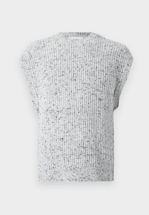 Knit sleeveless sweater vest in light gray with black speckles and a ribbed crew neckline and hem.