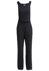 Combinaison noire sans manches avec corsage texturé floral et pantalon à jambes larges, conçue pour des occasions formelles ou de soirée.