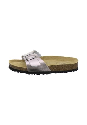 Single silver slide sandal with adjustable buckle strap, cork footbed, and black textured sole, shown from side view on white background.